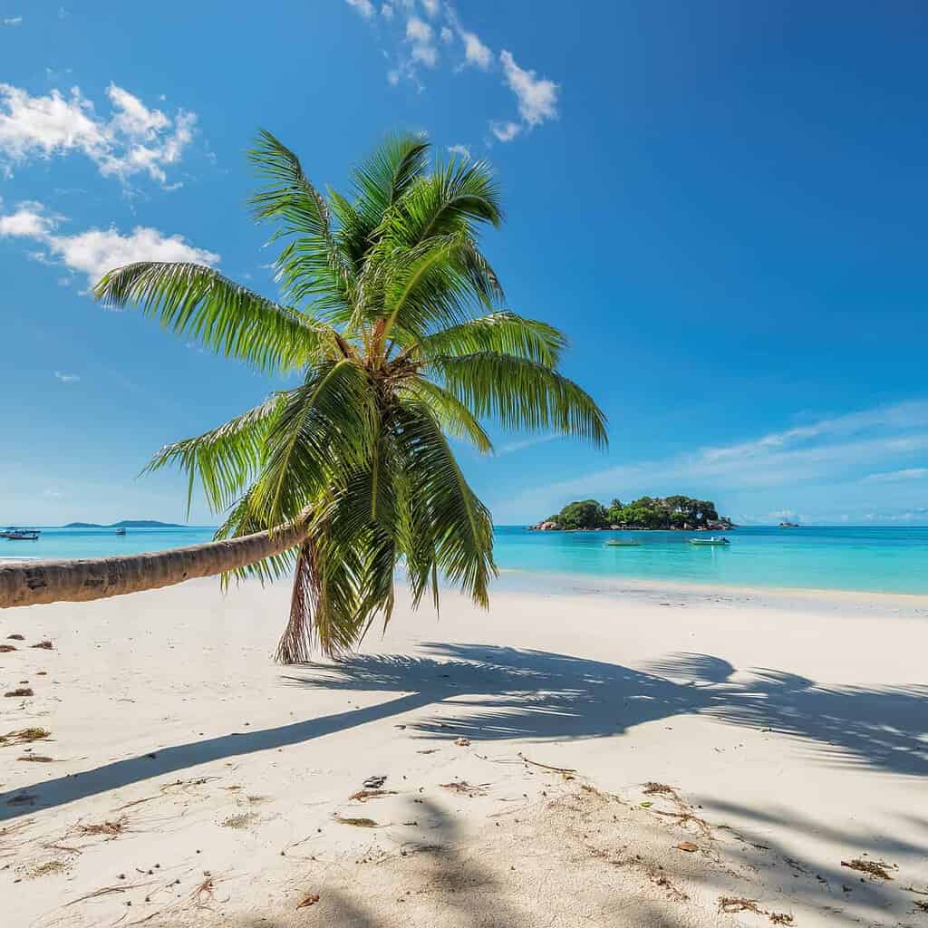 White sand beach with palm tree on tropical island . Summer vacation and holiday travel concept.